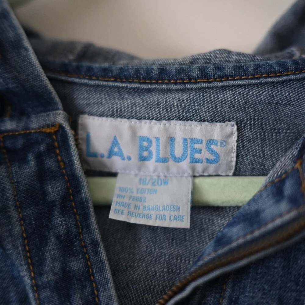 Vintage 90s LA Blues Hooded Denim Jacket Women’s 16/18 Y2K Zip Up - Picture 2 of 12